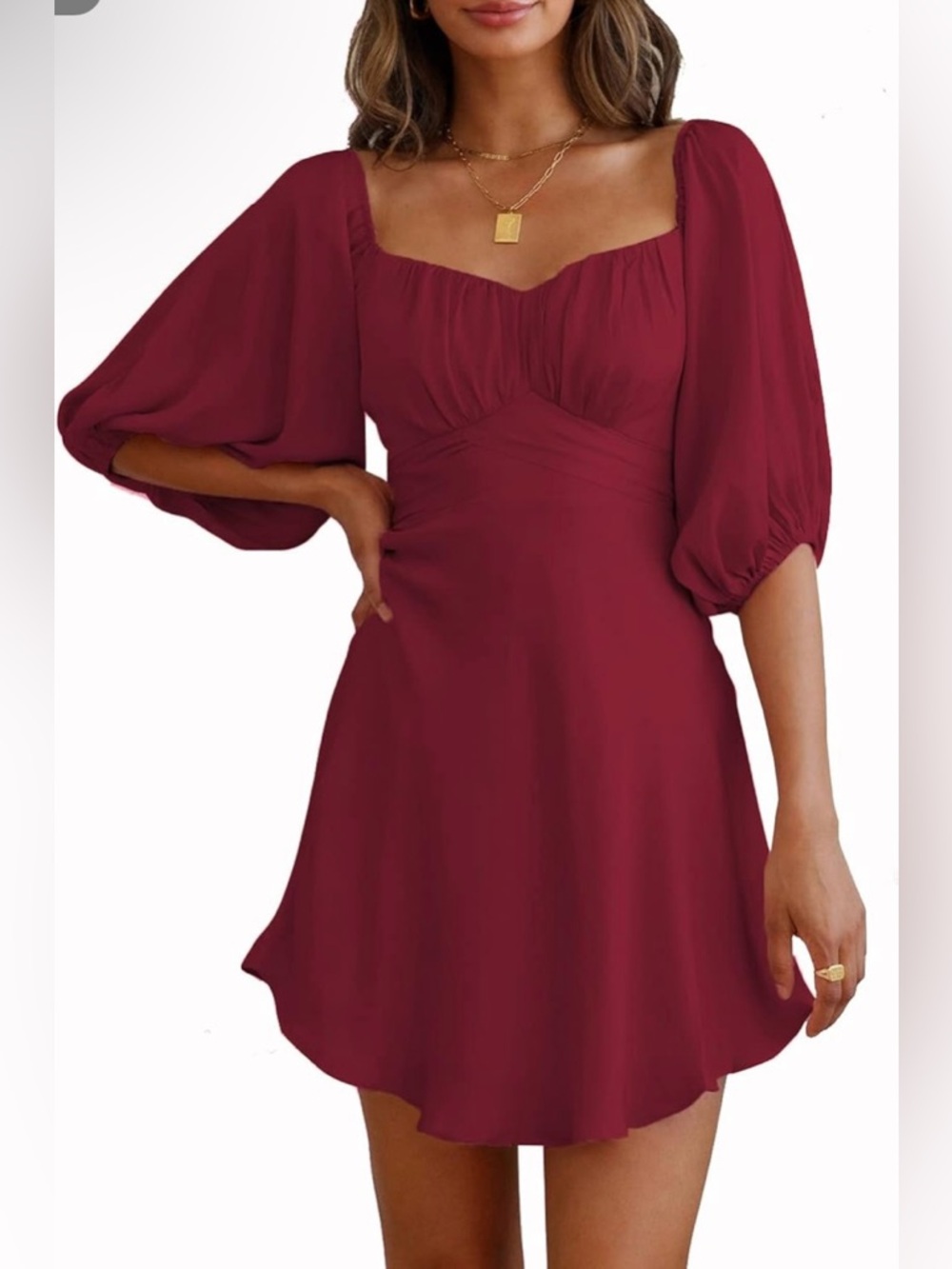 Women's Burgundy Puff Sleeve Mini Dress